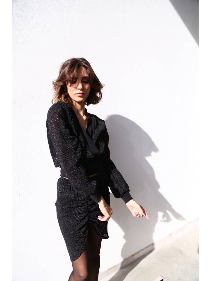 W2060 BLACK MICROSEQUINS CURLED MINI SKIRT for wholesale on Faire6