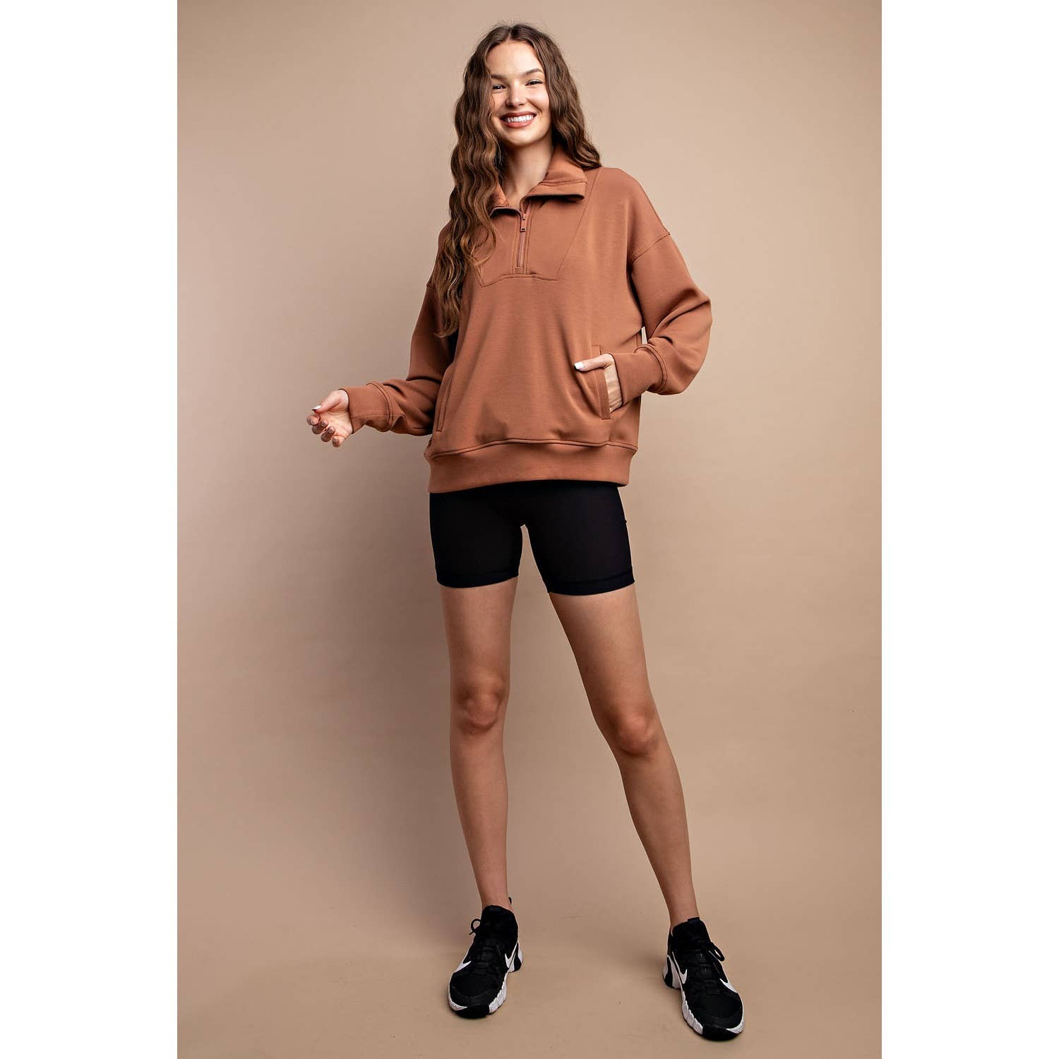 Rae Mode - Vendita all'ingrosso Felpa - Donna - PULLOVER CON COLLO A IMBUTO E ZIP A QUARTO IN MODAL SCUBA53
