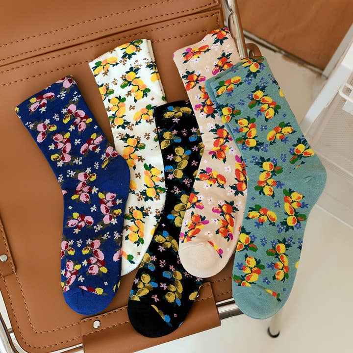 Women's fruit floral mid-length cotton socks for wholesale by Tourtiwi