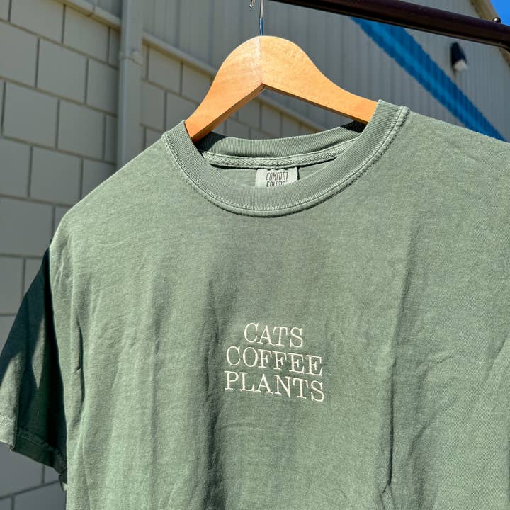 Cats, Coffee, Plants Embroidered Tee for wholesale by Emily Paige Company