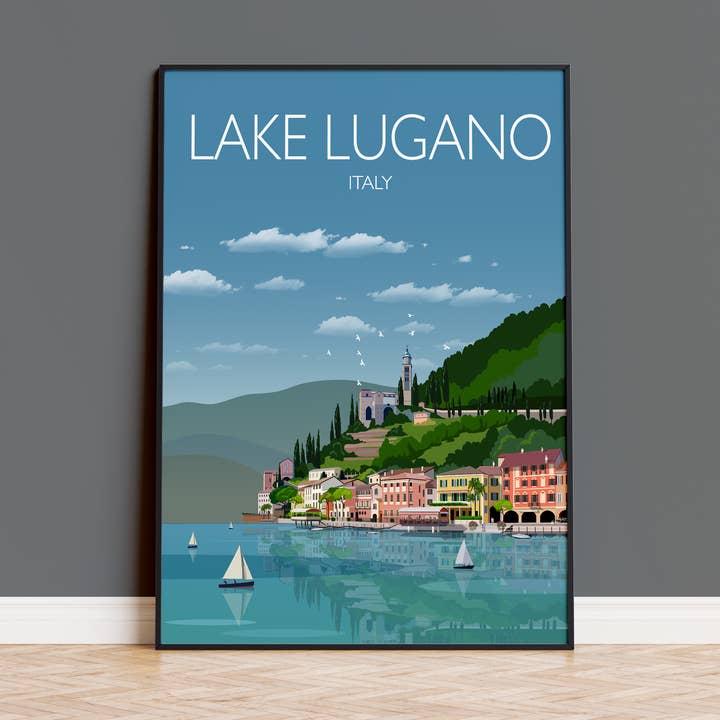 Reseaffisch för Luganosjön, reseutskrift av Luganosjön, Italienska sjöarna, Italien för wholesale av NQ Media Designs