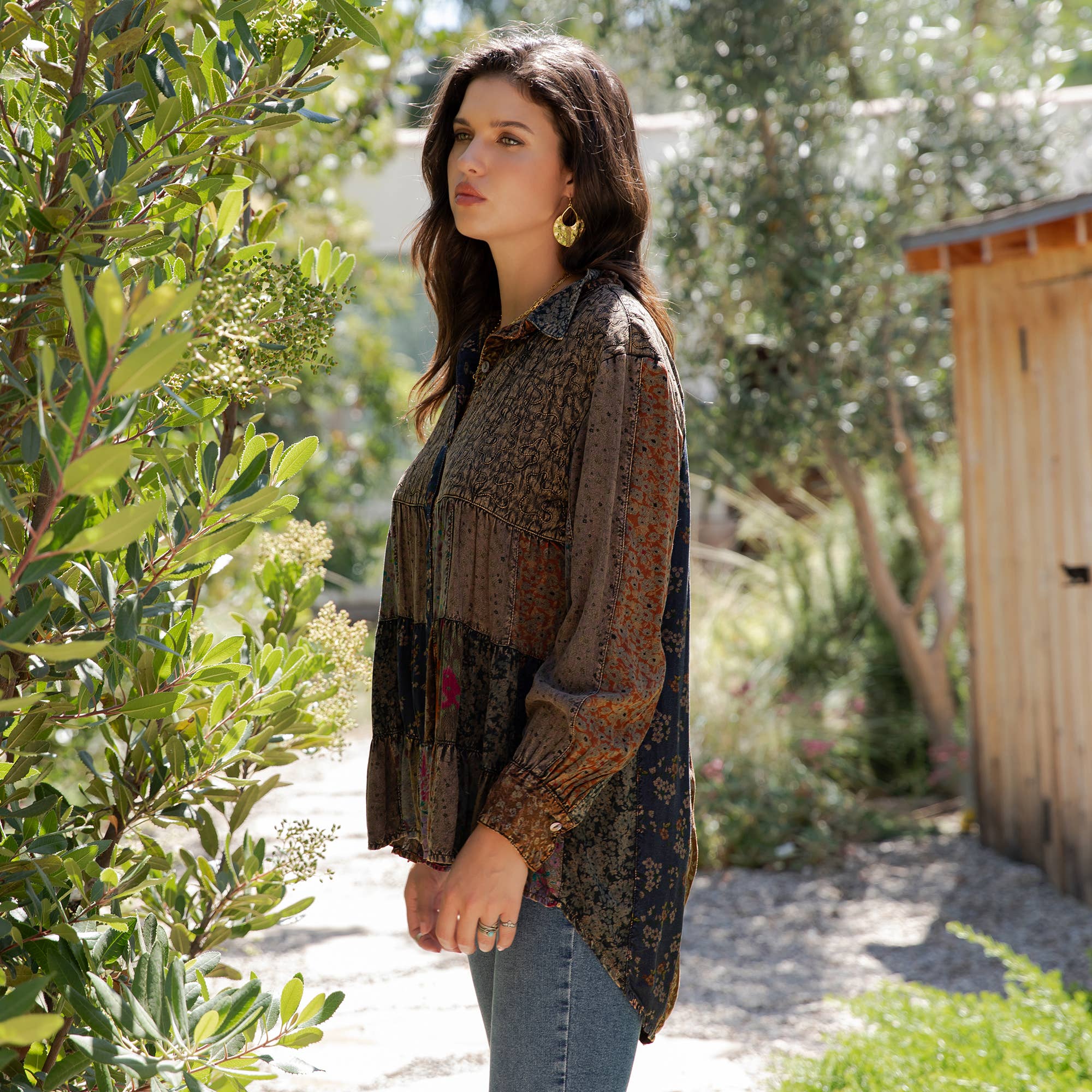 Amber Front-Open Boho Shirt with Quilted Emb & Rayon Tiers for wholesale on Faire1