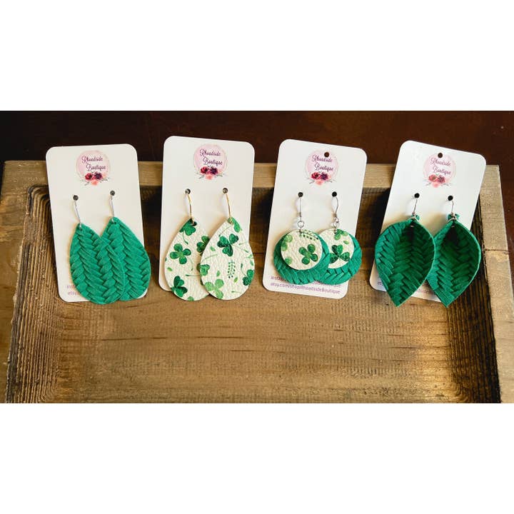 St. Patty's Irish Clover Leather Dangle Earrings for wholesale by Rhoadside Boutique