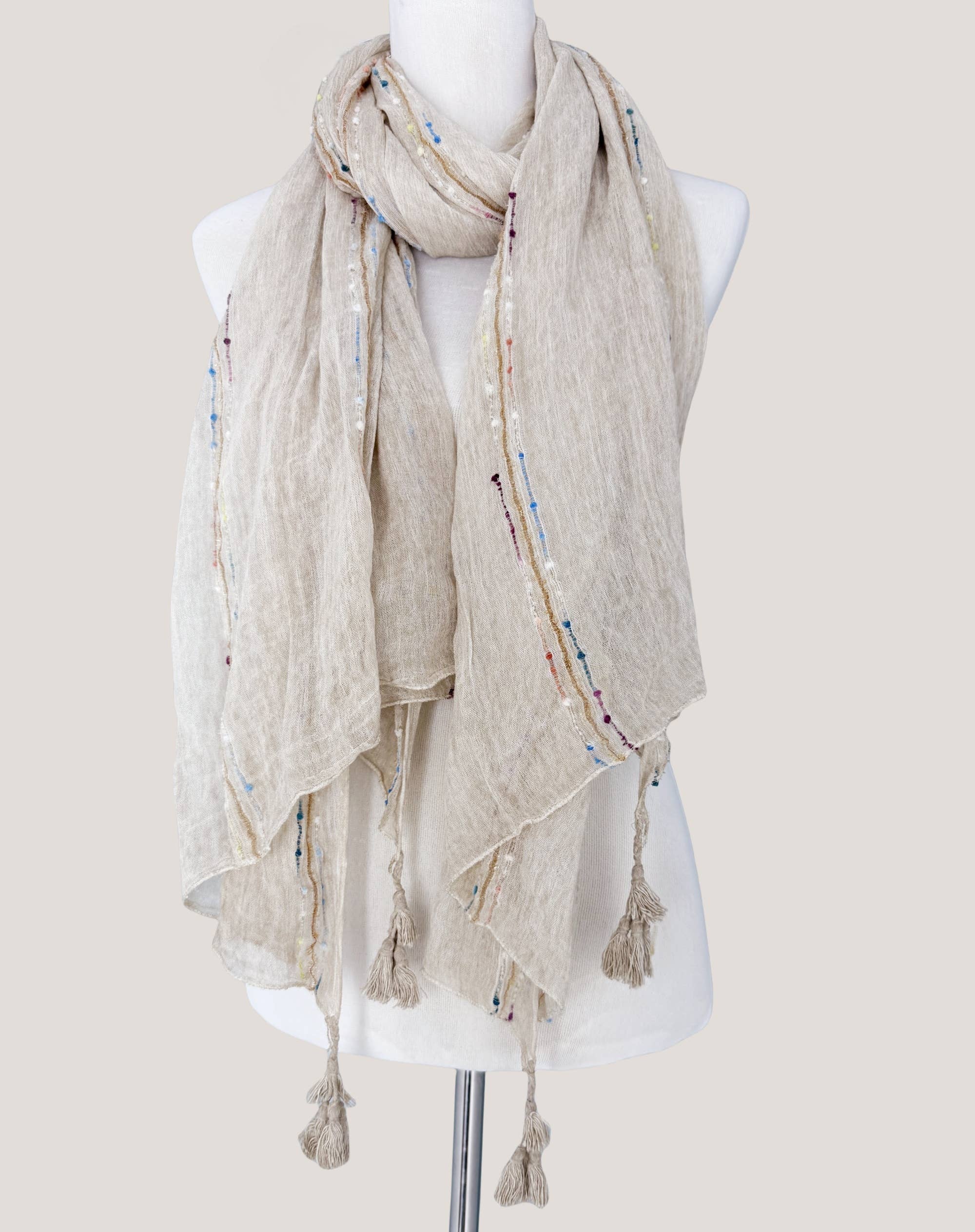 JC Sunny Fashion - Wholesale Scarf - Women's - Classic Ethnic Solid Tassels Scarf with Embroidered Stripes 0