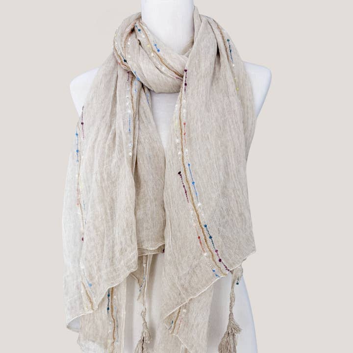 JC Sunny Fashion - Wholesale Scarf - Women's - Classic Ethnic Solid Tassels Scarf with Embroidered Stripes 0