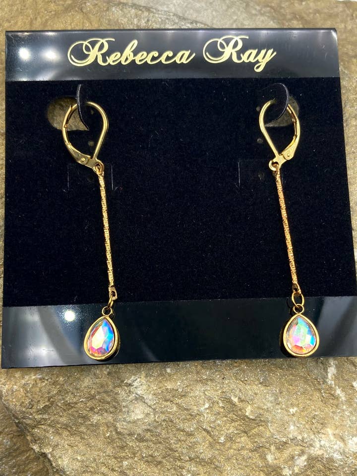Gold Linear Crystal Teardrop Earrings for wholesale by Rebecca Ray Jewelry