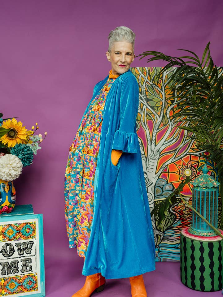 Velvet Ruffle Maxi Cardigan in Turquoise for wholesale by Megan Crook Textiles