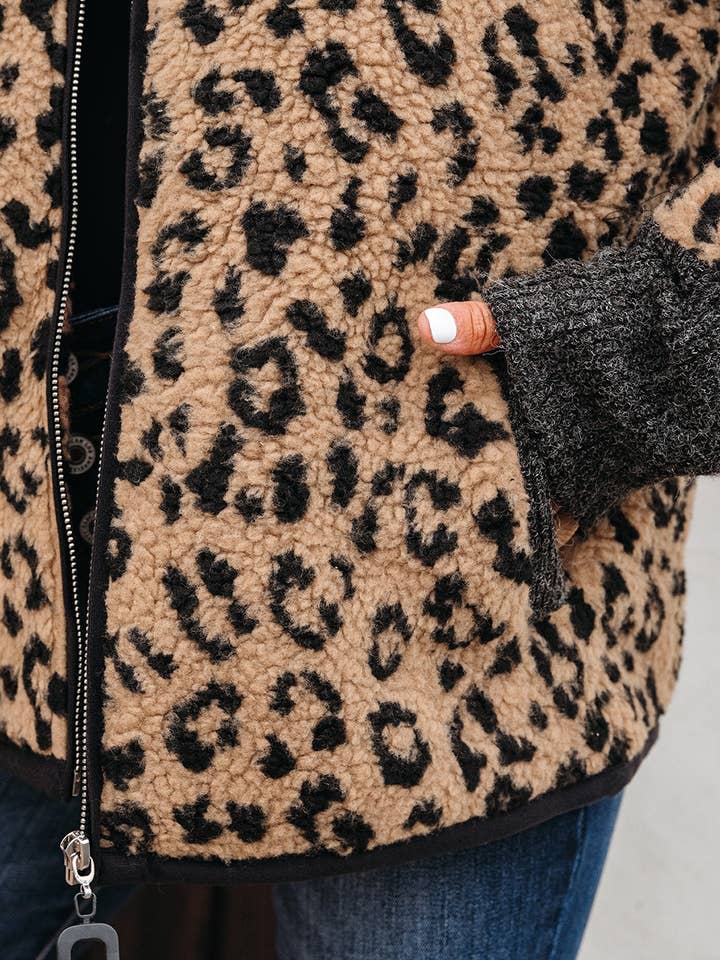 Khaki Leopard Zip-Up Side Pocket Jacket for wholesale on Faire5