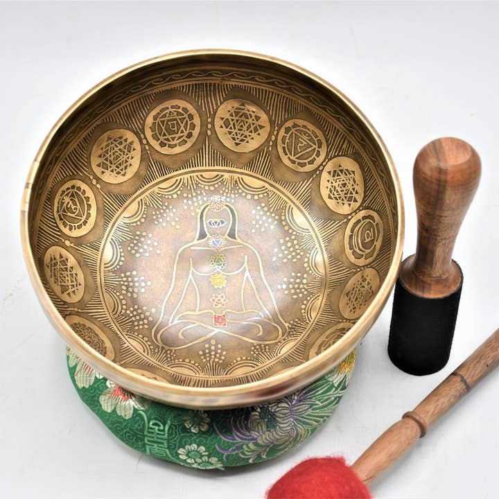 Handmade Chakra Engraved Singing Bowl: Sound Bath & Meditation (10-16 inch) for wholesale by NadaYoga