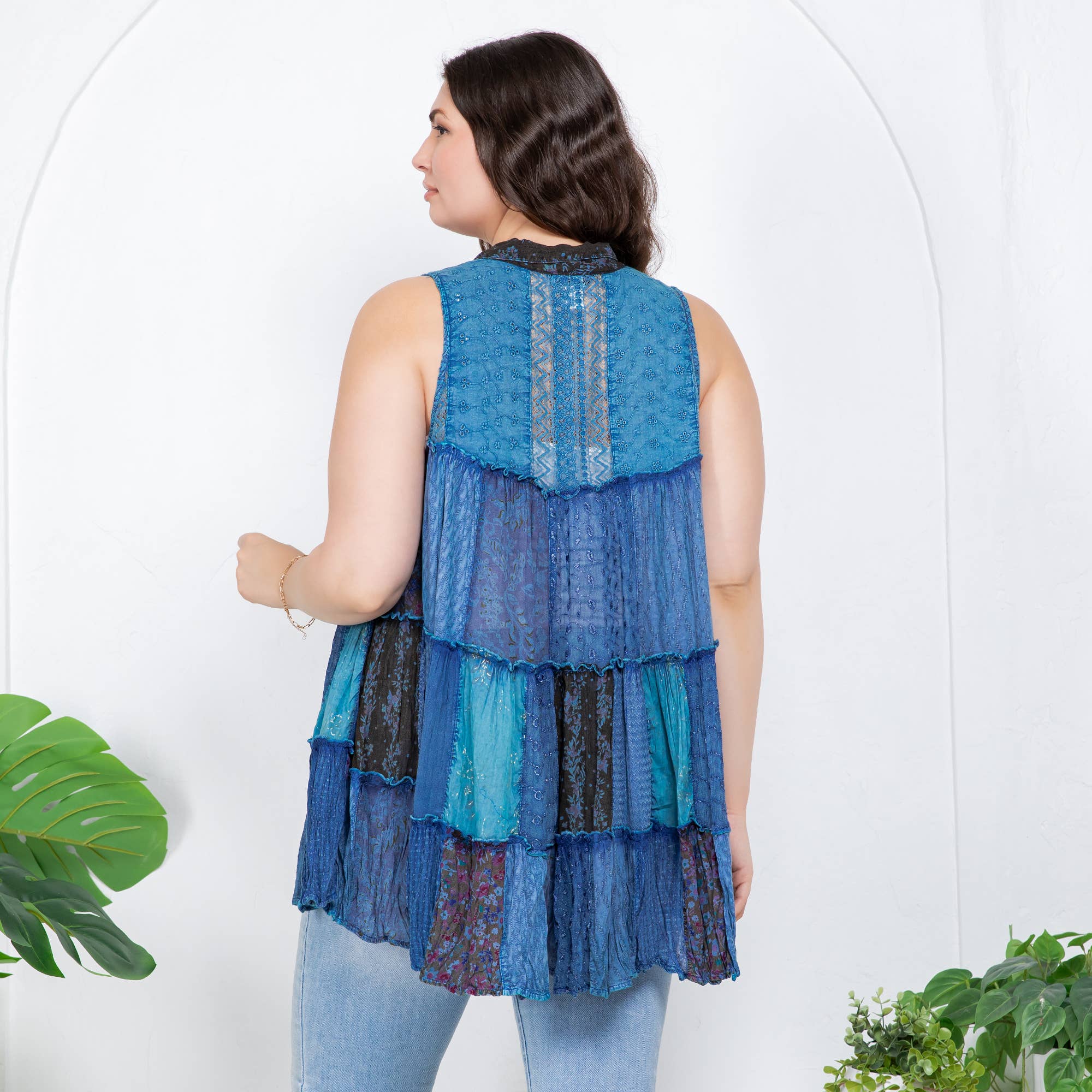 Young Threads - Wholesale Button Down Shirt - Women's - Boho Chic Nomad Patchwork Buttondown Top Sleevel (New Color)36