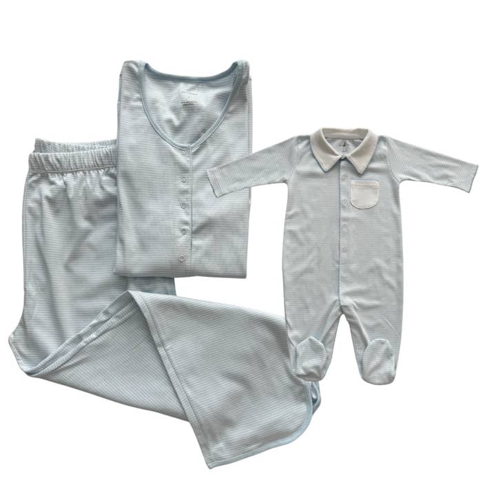 Coffret cadeau Mom and me PJ Rayures bleu clair (pyjama d'allaitement + chausson) pour la vente par Pim Baby