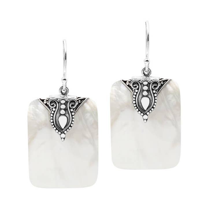 AE-1183-MOP Sterling Silver Mother Of Pearl Rectangular Ornate Top Earrings for wholesale by Bali Designs