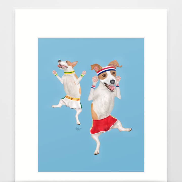 Jack Russell Terrier Dog Art Print, Jumping Jacks, Blue for wholesale by Laura Bergsma Studio
