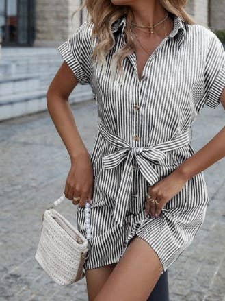 Rosa Clothing - Wholesale Dress - Women's - Casual Striped Short Sleeve Button Down Belt Shirt Dress