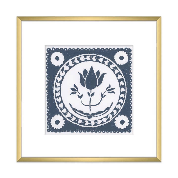 Navy Tulip Botanical Block Print Artwork for wholesale by The Prints Princess