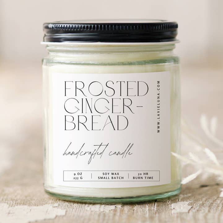 Frosted Gingerbread Minimal Soy Wax Winter & Holiday Candle for wholesale by La Vie Luna Apothecary