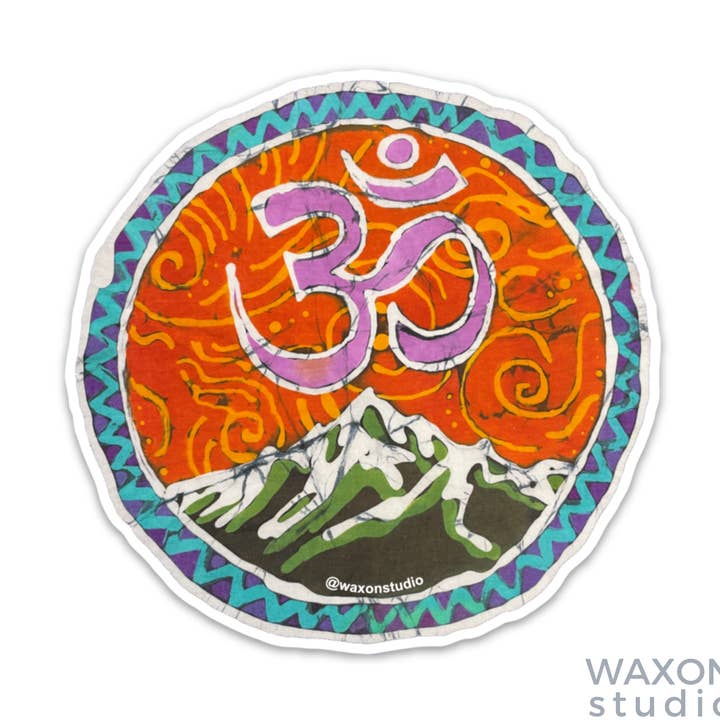 Painted Spiritual Mountains with Om Symbol Batik Sticker for wholesale by WAXON Batik & Dye Studio
