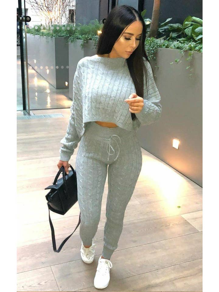 Femme Luxe – wholesale Lounge set – Women's – Grey Cable Knit Loungewear Set - Robina