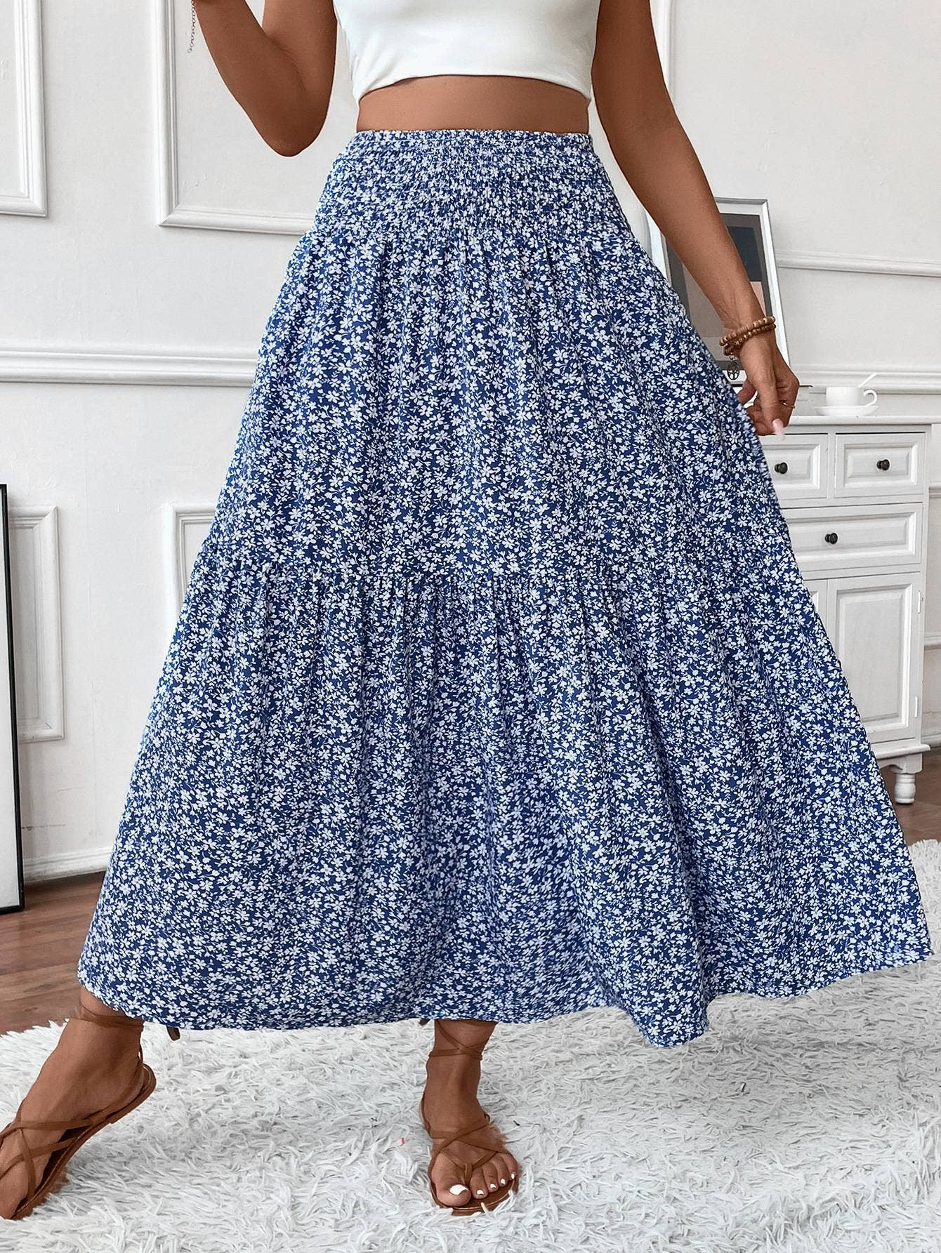 Rosa Clothing - Wholesale Skirt - Women's - Ditsy Floral Smocked Waist A-Line Skirt14