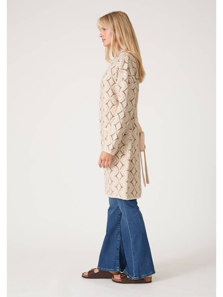 Natural Taupe Western Diamond Jacquard Belted Cardigan for wholesale on Faire