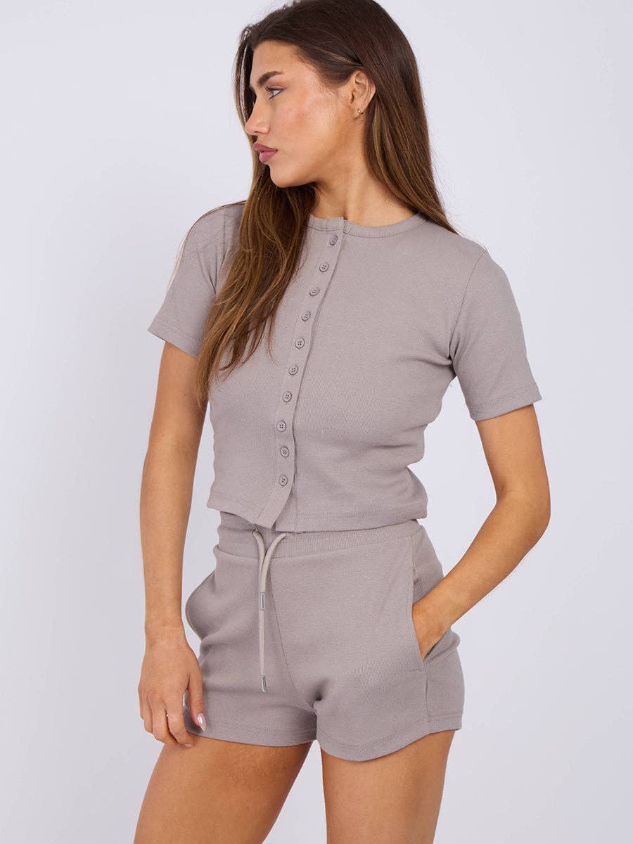 AX Labels - Wholesale Lounge Set - Women's - Ribbed Button Through Short Sleeve Top and Shorts Co-ord38