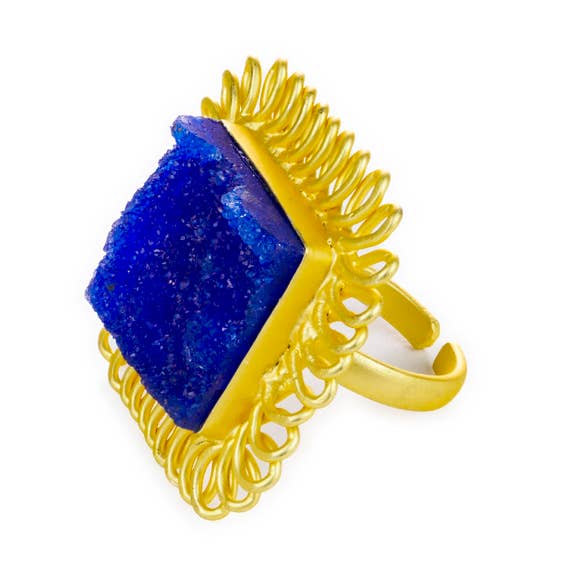 Ring, 22k Gold Plated Blue Drusy Square for wholesale by Mara Blak - Hidden Gems