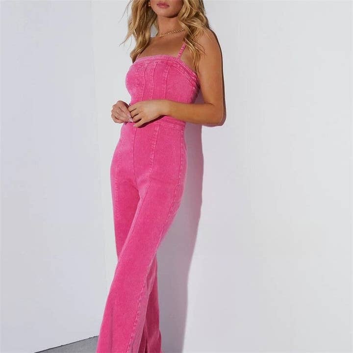 FurDecoration - Wholesale Jumpsuit - Women's - Solid Color Denim Slim Fit High Elastic Flared Jumpsuit
