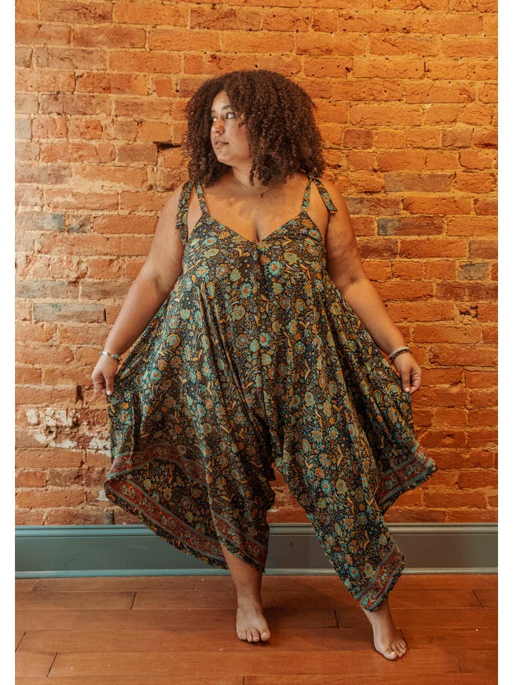 Gardenbelle Shop - Venta al por mayor Peto - Mujer - Mono hippie bohemio de seda con corbata fluida, jersey floral