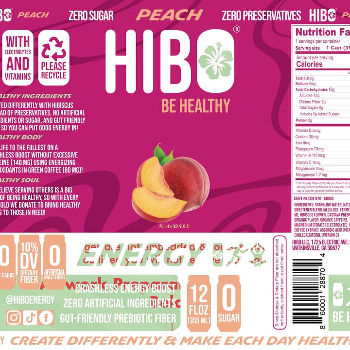 HIBO Healthy Energy – wholesale Sports/energy drink – All-Natural Zero Sugar Energy Drink HIBO PEACH1