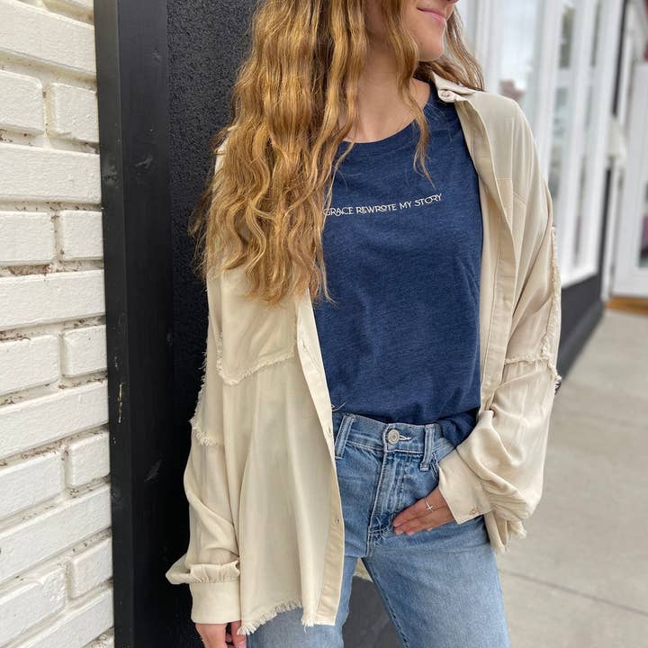 Grace Rewrote My Story Tee in Navy for wholesale by Etch & Co