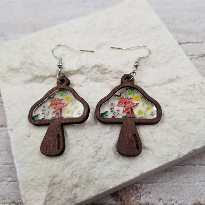 Treasure Wholesale - Wholesale Dangle Earrings - Wood Mushroom Earrings