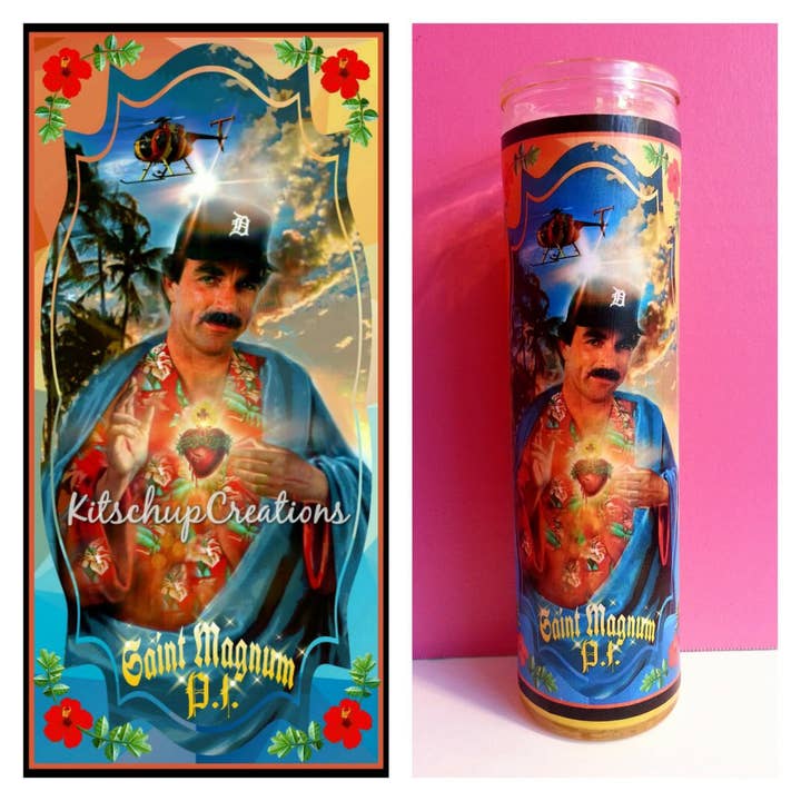 Tom Selleck Prayer Candle for wholesale by Kitschup Creations