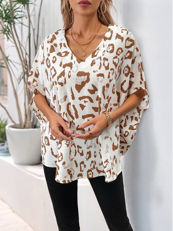 Brown V-neck Loose Leopard Print Shirt for wholesale on Faire