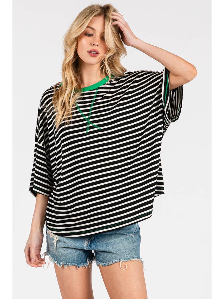 Ces Femme USA - Wholesale Tunic - Women's - TS13916STB/Striped Oversized T-Shirt with Contrast Details