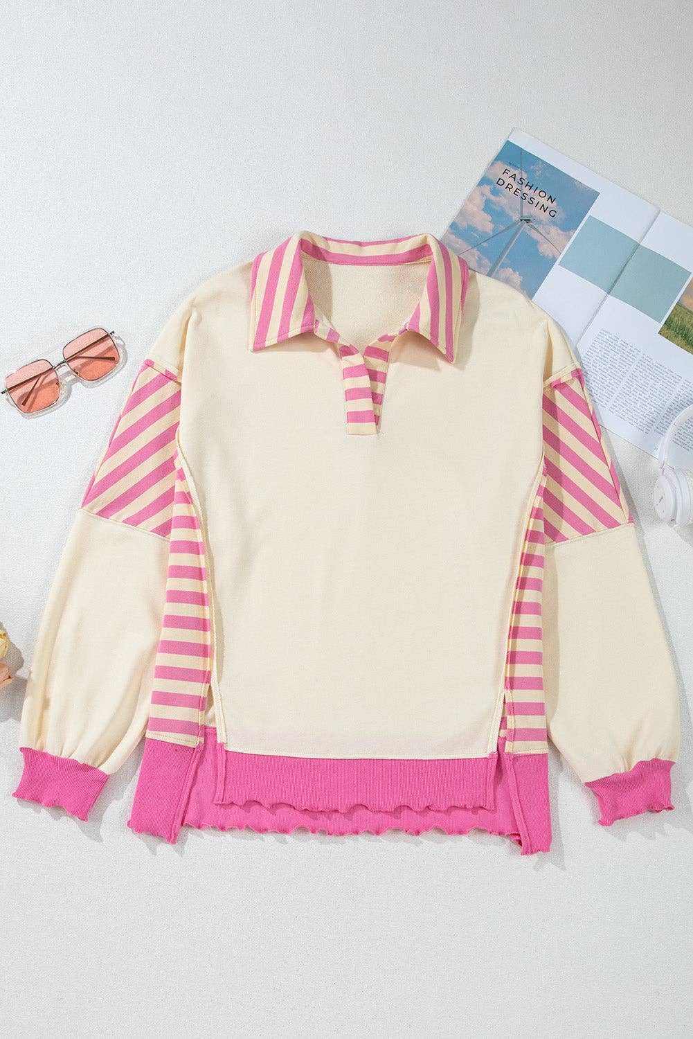 Pink Stripe Juliana Patchwork Terry Knit Top for wholesale on Faire7