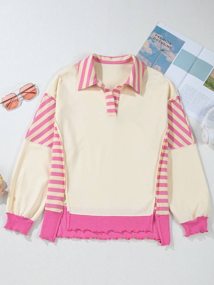 Pink Stripe Juliana Patchwork Terry Knit Top for wholesale on Faire7