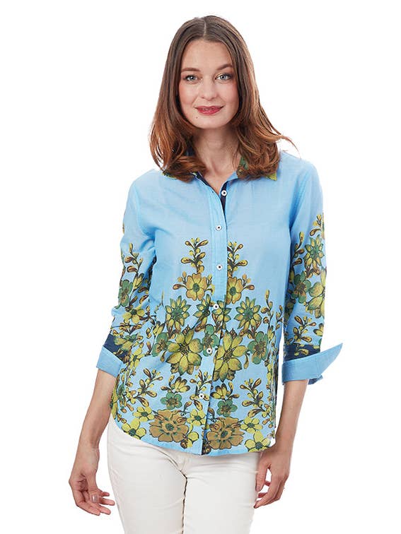 Dizzy-Lizzie - Wholesale Button Down Shirt - Women's - 3/4 Sleeve Rome Shirt Light Blue And Leaves