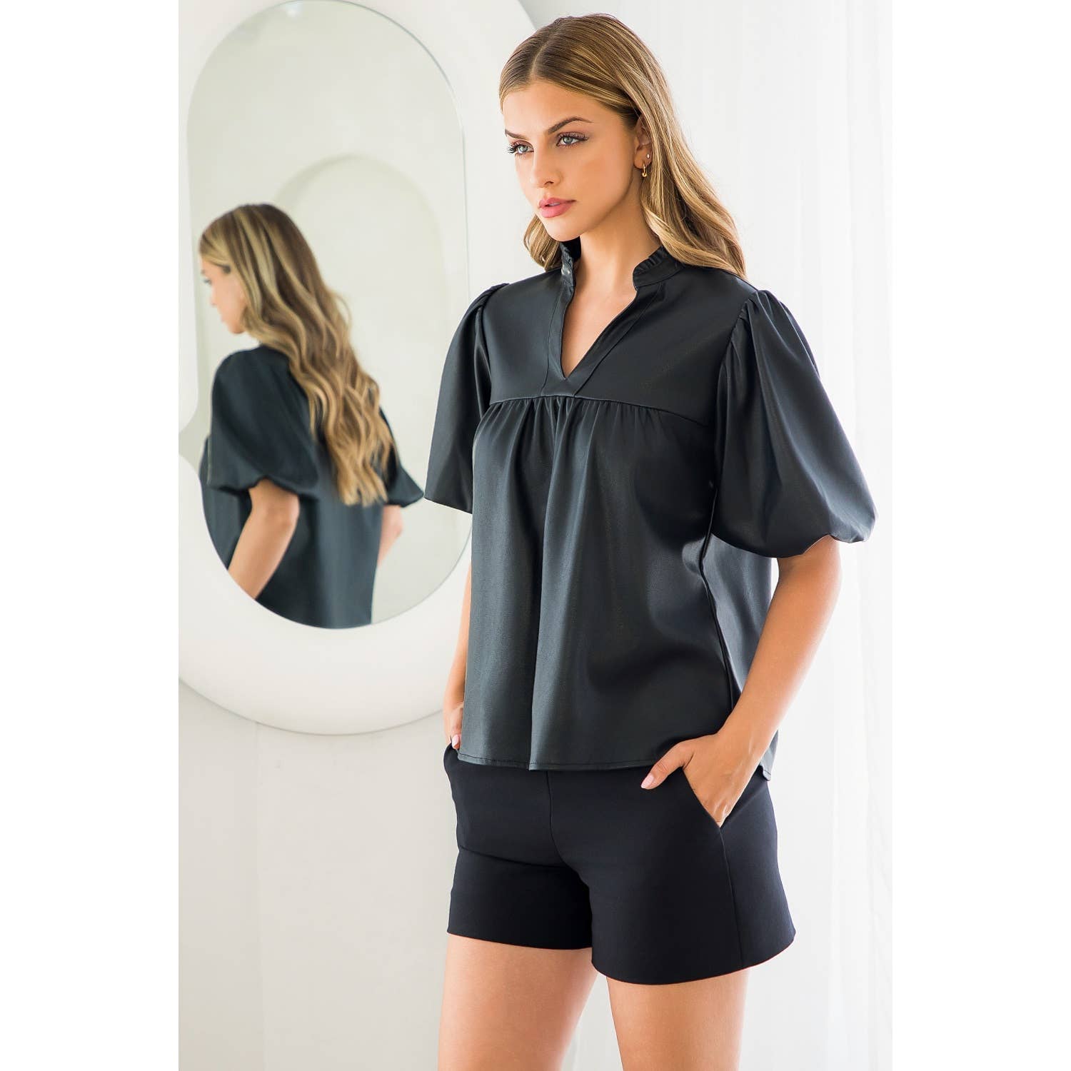 BLACK Leather Puff Sleeve Top for wholesale on Faire7