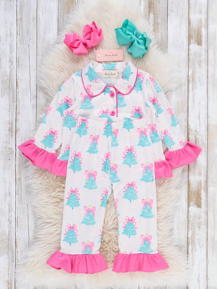 Marie Nicole Clothing - Wholesale Sleepwear Set - Kids - Bow-Topped Tree Ruffle Pajamas2