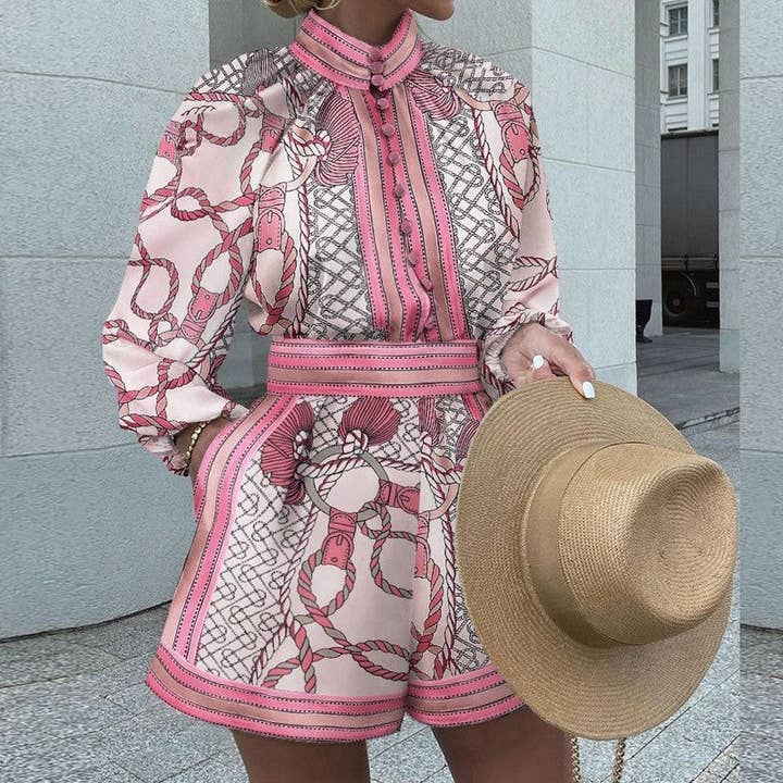 Sheer Trend - Wholesale Top & Short Set (NOT Loungewear) - Women's - Printed Long Sleeve Top Loose Shorts Set