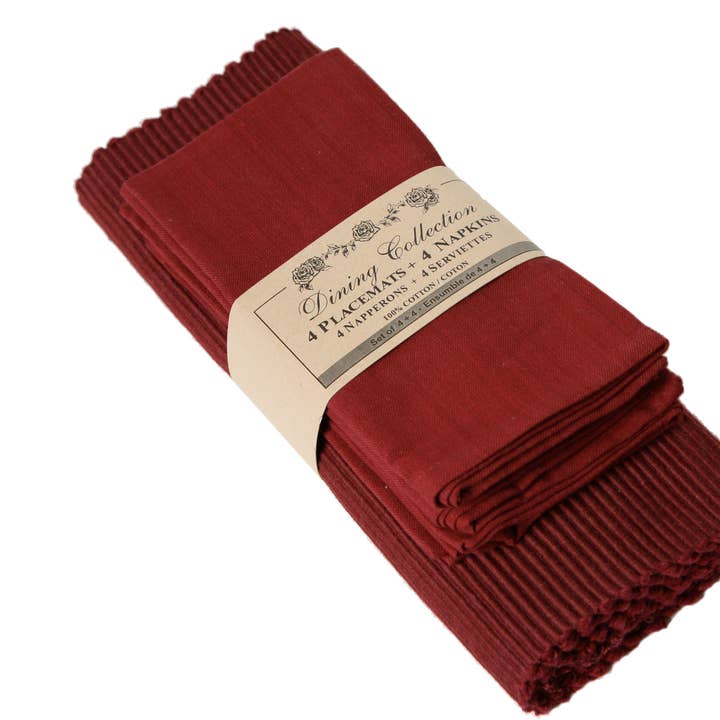 Accent Linen - Wholesale Placemat - Placemats 4 + 4 Napkins Set - Burgundy