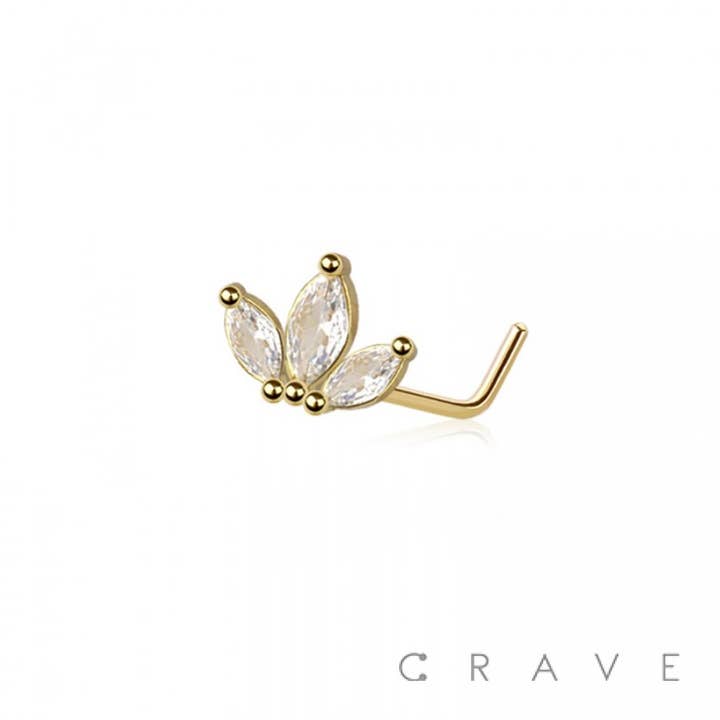 CRAVE BODY JEWELRY - Wholesale Nose Ring - CZ MARQUISE LEAF FAN 316L SURGICAL STEEL L SHAPE NOSE RING0