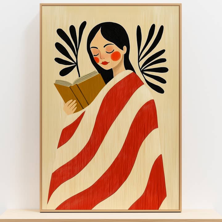 Moderne kvinde læser tryk – Minimalistisk rød og sort vægkunst for engroshandel hos IuliiaArtPrints