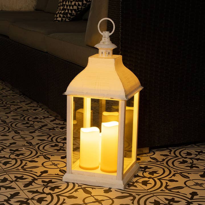 Alpine White Candlelit Lantern w/ Warm White LED Lights Sml for wholesale by Alpine Corporation