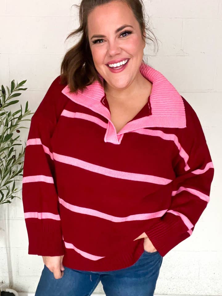 Promenade - Wholesale Knit Sweater - Women's - Fall For You Crimson Stripe Notched Neck Collared Oversized Sweater (Open Pack)