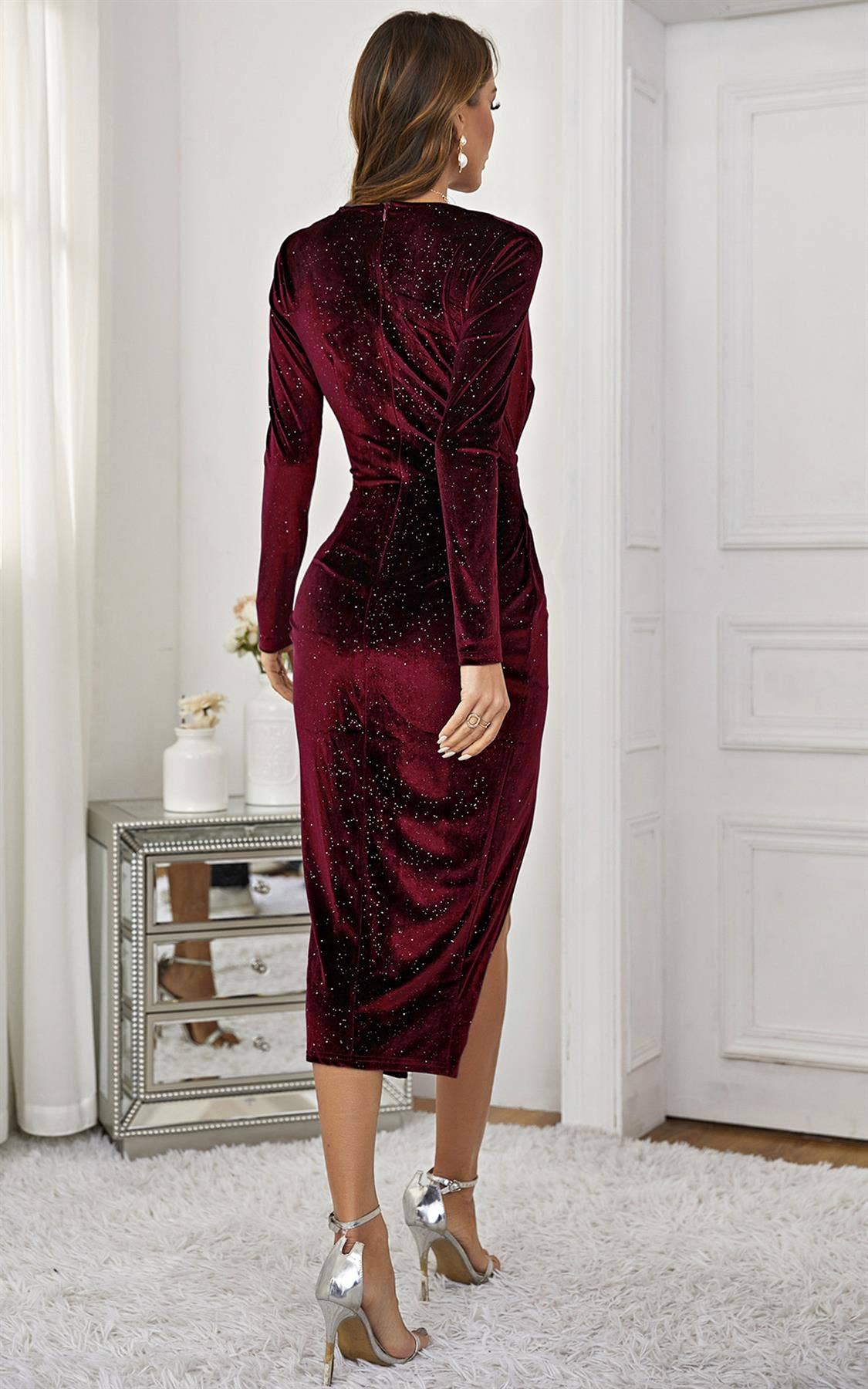 Star Night Sky Velvet Wrap Long Sleeve Midi Dress In Wine for wholesale on Faire1