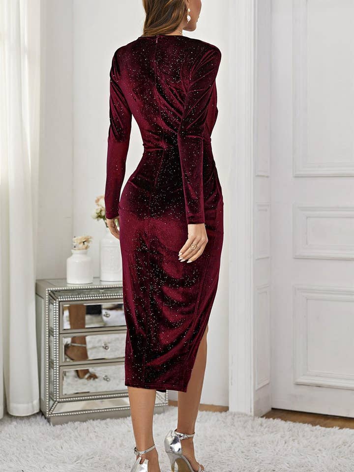 Star Night Sky Velvet Wrap Long Sleeve Midi Dress In Wine for wholesale on Faire1