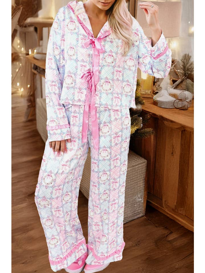 Pink LDC Christmas Holiday Tied Front Long Sleeve 2pcs Pajama Set for wholesale on Faire0