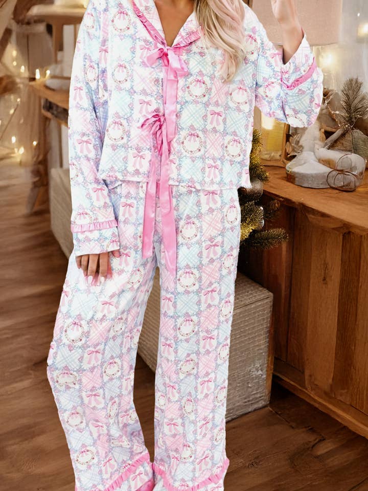 LDC Christmas Holiday Tied Front Long Sleeve 2pcs Pajama Set for wholesale by Little Daisy Closet