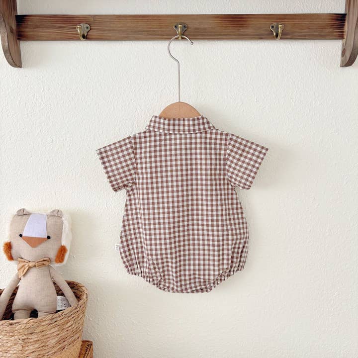 Coffee Summer Arrival Baby Boys Casual Plaid Turn-down Collar Short Sleeves Onesies for wholesale on Faire